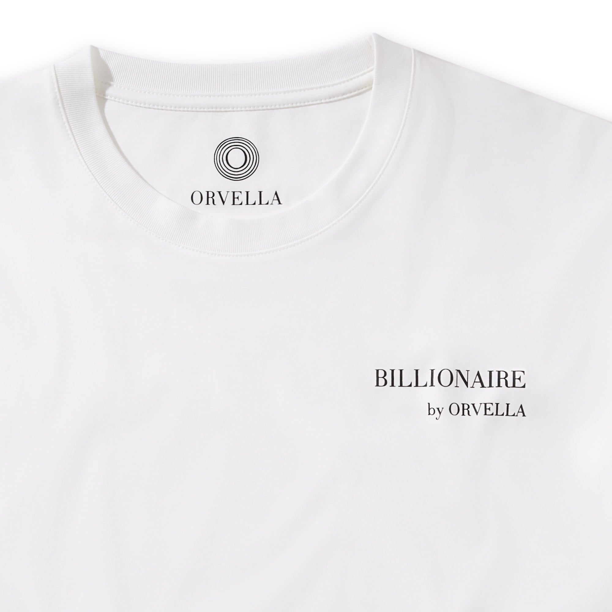 Close-up of the Billionaire by ORVELLA white luxury T-shirt, showing the chest branding, inner neck logo, clean collar stitching, and smooth premium fabric.