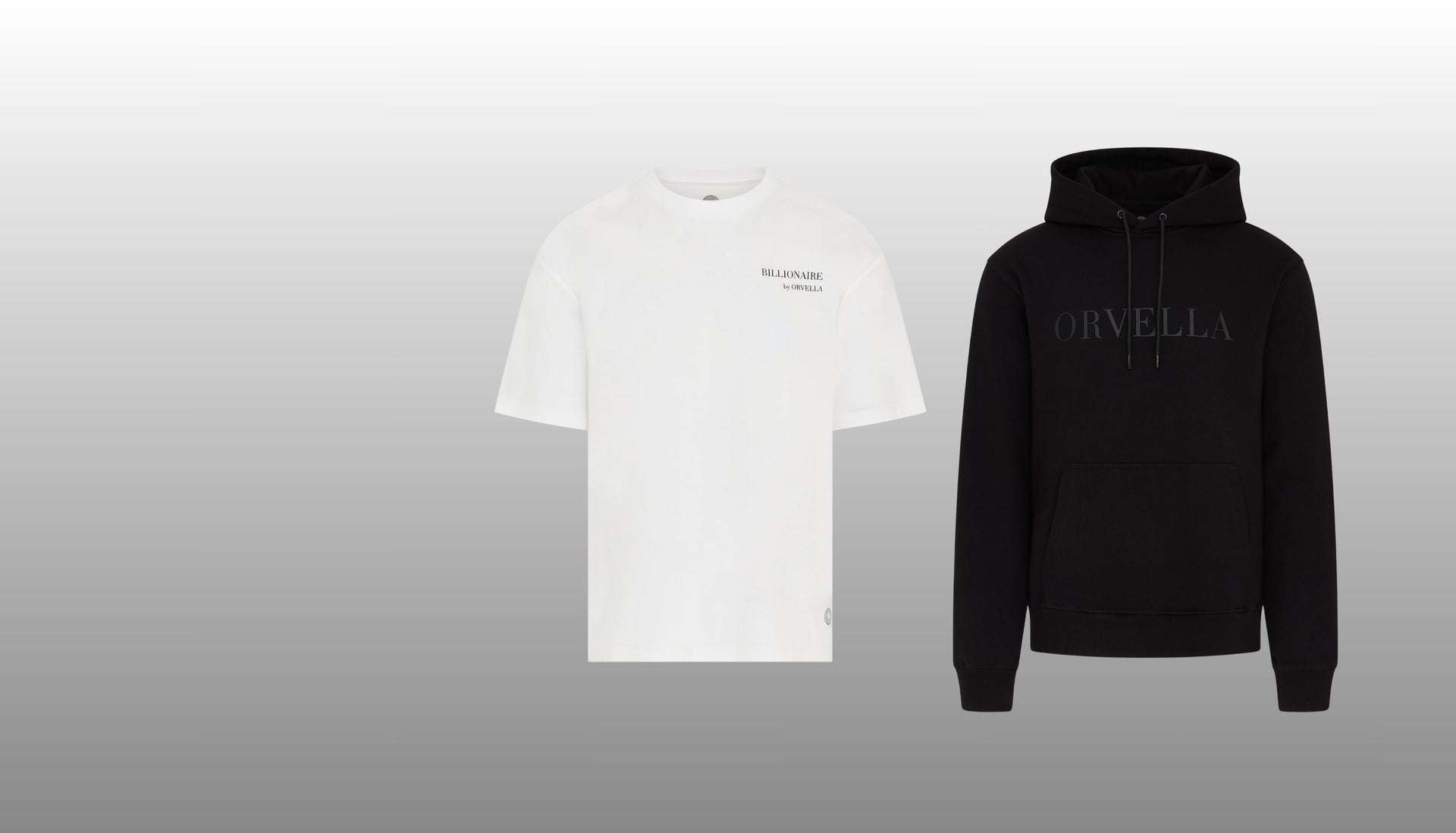 ORVELLA luxury streetwear set featuring the Billionaire white T-shirt and black ORVELLA Signature Hoodie on a clean grey background.