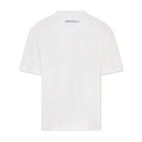 Rear view of the Billionaire by ORVELLA white luxury T-shirt, showing subtle ORVELLA back neck branding, clean minimalist design, and smooth premium fabric.