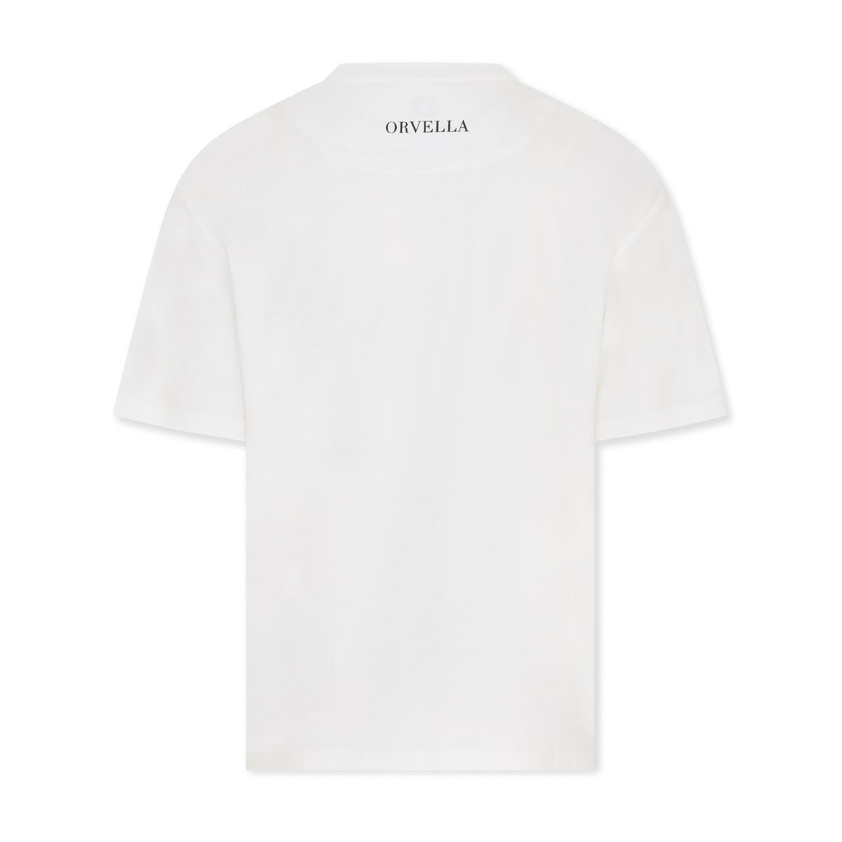Rear view of the Billionaire by ORVELLA white luxury T-shirt, showing subtle ORVELLA back neck branding, clean minimalist design, and smooth premium fabric.