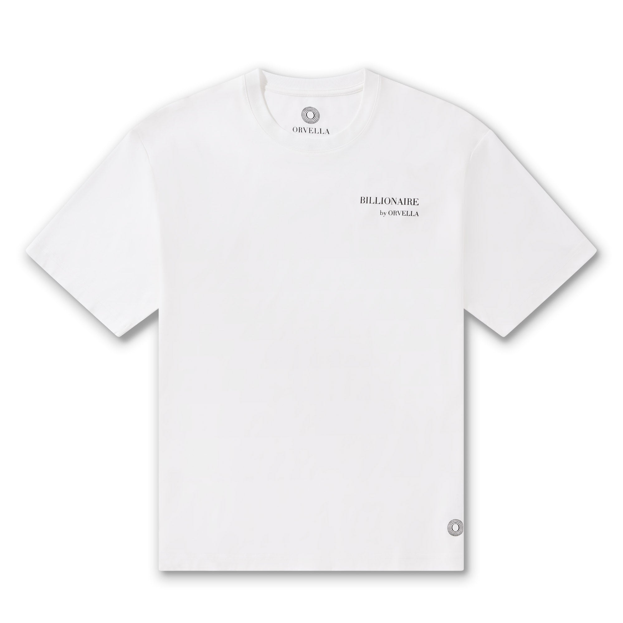 Billionaire by ORVELLA white luxury T-shirt front view with subtle chest branding, inner neck logo, signature hem emblem, and clean premium streetwear design.