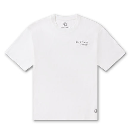 Billionaire by ORVELLA white luxury T-shirt front view with subtle chest branding, inner neck logo, signature hem emblem, and clean premium streetwear design.