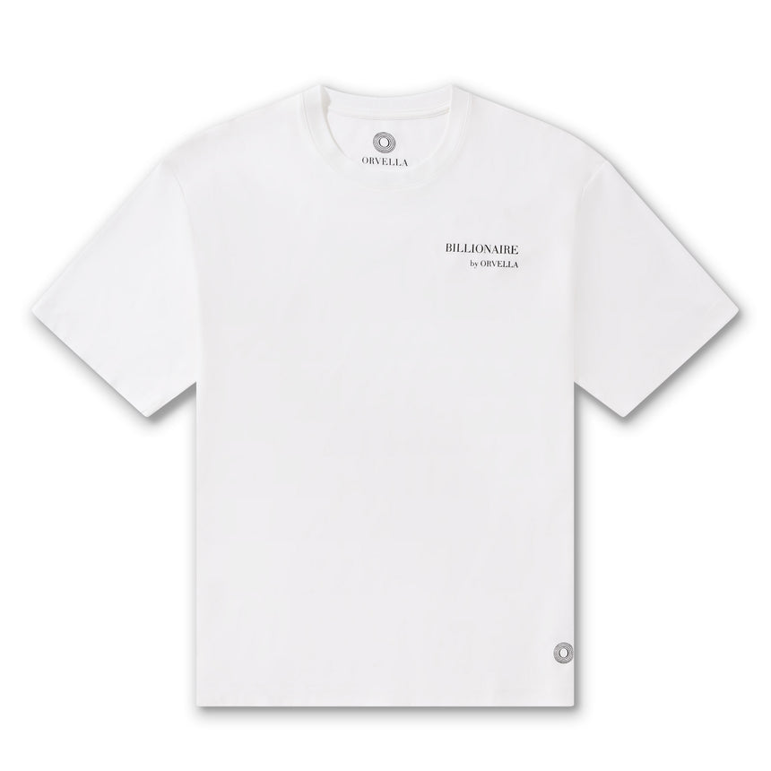 Billionaire by ORVELLA white luxury T-shirt front view with subtle chest branding, inner neck logo, signature hem emblem, and clean premium streetwear design.